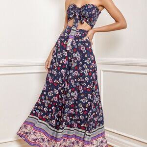 Sunset Fiesta Navy Blue Floral Print Two-Piece Jumpsuit. Size: S.